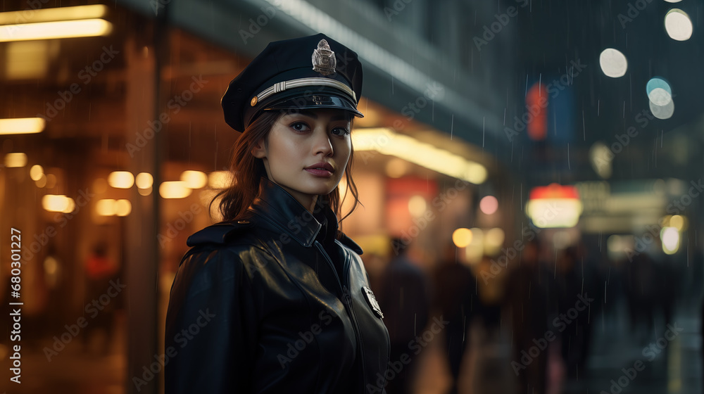 Young Asian Policewoman in Leather Uniform Standing on the Rainy Street