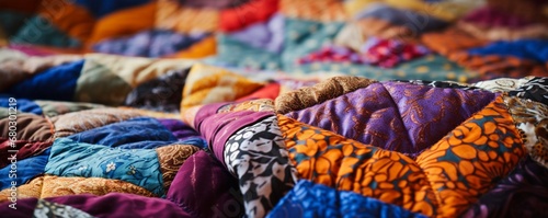 Highlight the intricate patterns of a quilted patchwork blanket.
