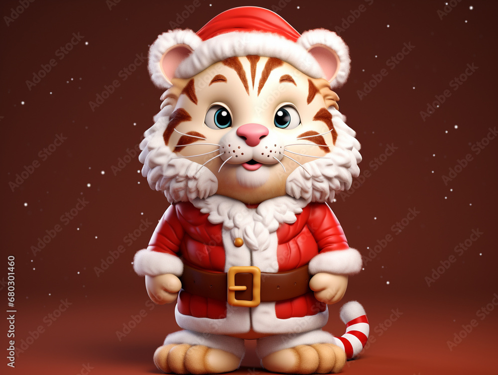 A Cute 3D Tiger Dressed Up as Santa Claus on a Solid Color Background A Cute 3D Tiger Dressed Up as Santa Claus on a Solid Color Background