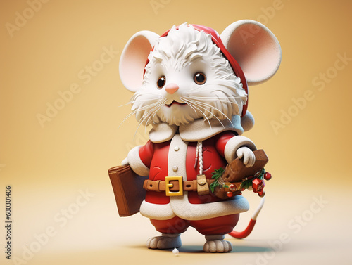 A Cute 3D Rat Dressed Up as Santa Claus on a Solid Color Background photo