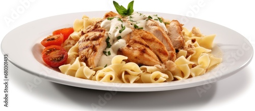 At the white-themed restaurant, the chef skillfully cooked a healthy meal of creamy pasta topped with tender chicken, cheese, and meat, creating a mouthwatering plate that satisfied the guests hunger