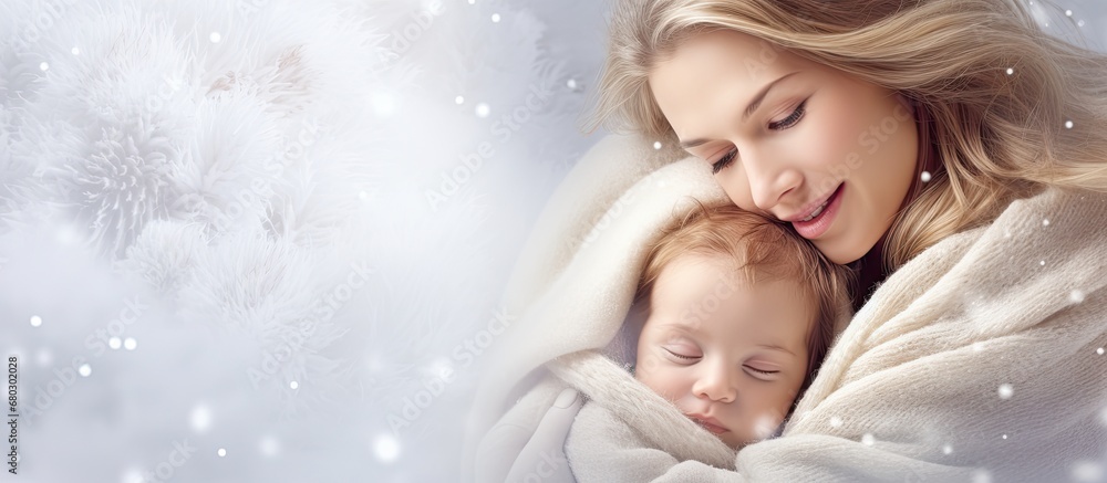 isolated winter background of their cozy home, a happy woman embraces her family, holding her baby with a smile on her face, capturing a beautiful portrait of pure joy and the cute innocence of their isolated winter background of their cozy home, a happy woman embraces her family, holding her baby with a smile on her face, capturing a beautiful portrait of pure joy and the cute innocence of their