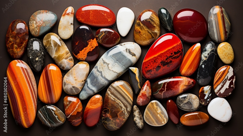 Jasper Jewels: An artistic arrangement of polished jasper stones, showcasing their vibrant colors. Jasper Jewels: An artistic arrangement of polished jasper stones, showcasing their vibrant colors.