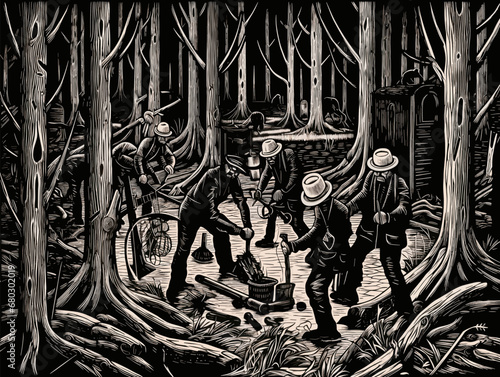 A Group Of Men Working In A Forest - medeival timber poachers.