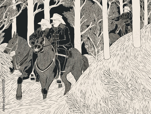 A Drawing Of Men Riding Horses In The Woods - medeival timber poachers.