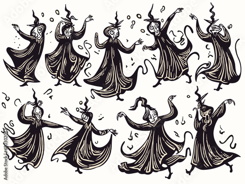 A Group Of Black And White Characters - medieval satanic dancing witches.