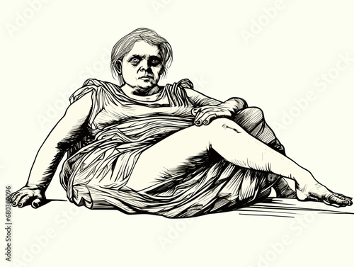 A Drawing Of A Woman Sitting On A Ledge - middle-aged woman without shoes in an empire style
