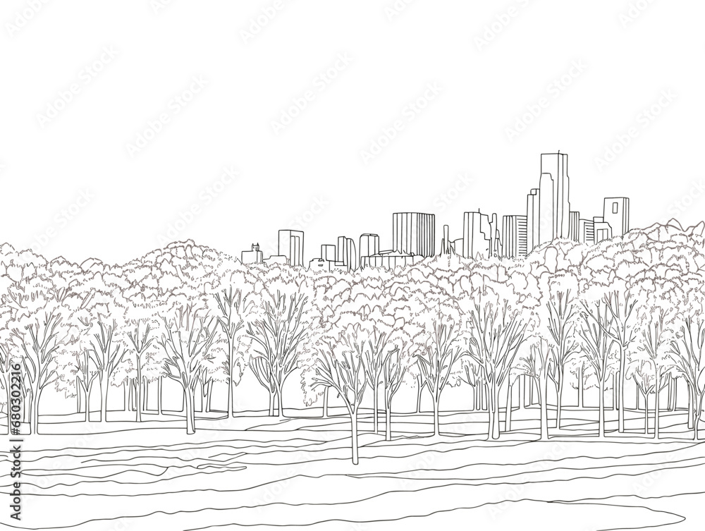 A Line Drawing Of Trees And A City - New York City - central park view to manhattan