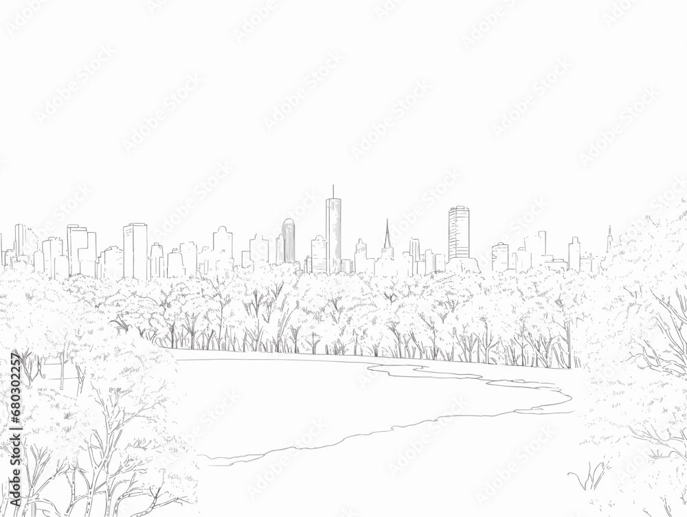 A Drawing Of A City With Trees And A River - New York City - central park view to manhattan