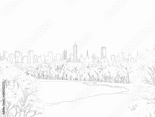 A Drawing Of A City With Trees And A River - New York City - central park view to manhattan
