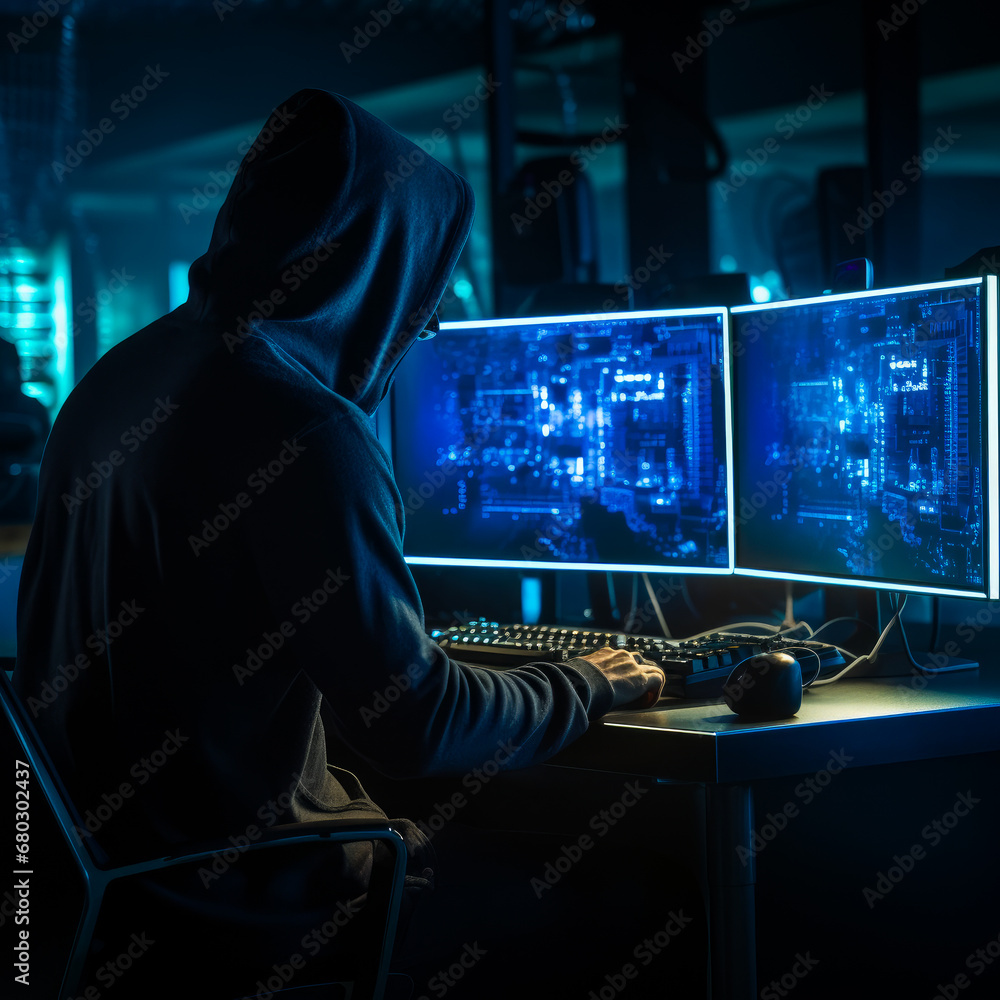 Hacker in a hood works in a dark office. A person sitting at a desk in front of two computer monitors Hacker in a hood works in a dark office. A person sitting at a desk in front of two computer monitors