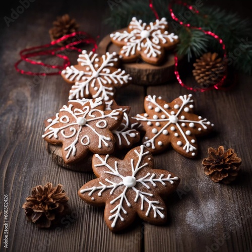 Gingerbread cookies on a wooden background, Christmas concept, AI generator