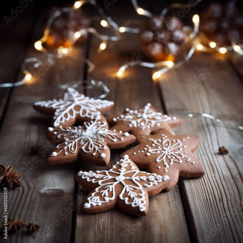 Gingerbread cookies on a wooden background, Christmas concept, AI generator