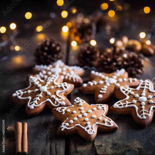 Gingerbread cookies on a wooden background, Christmas concept, AI generator