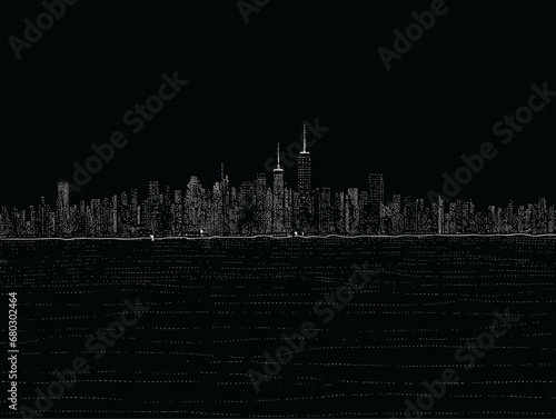 A White Line Drawing Of A City Skyline - New York Manhattan at Night