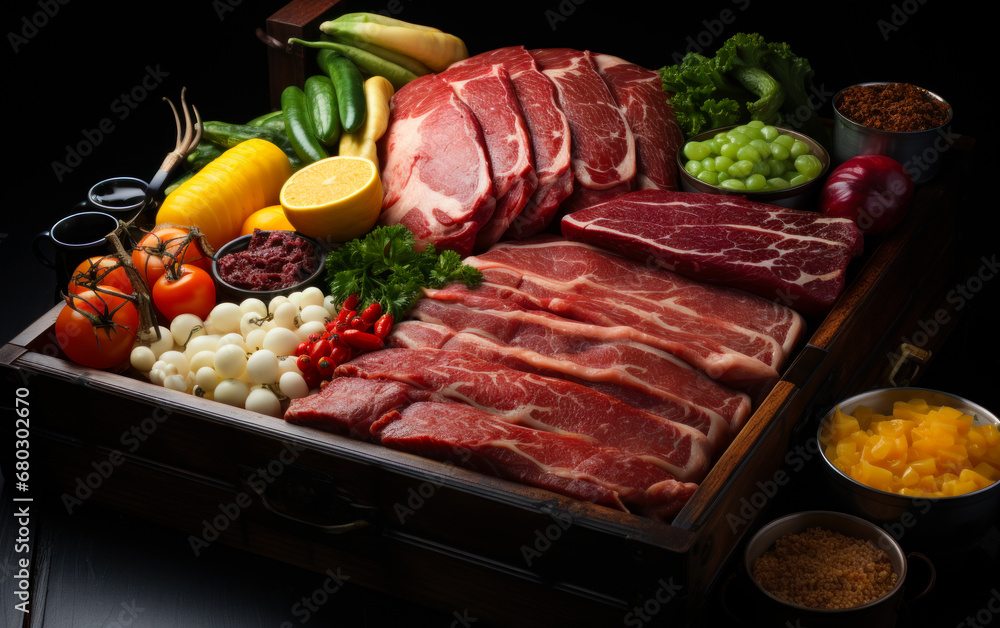 Many kinds of meat in a wooden crate. A wooden box filled with meat and vegetables Many kinds of meat in a wooden crate. A wooden box filled with meat and vegetables