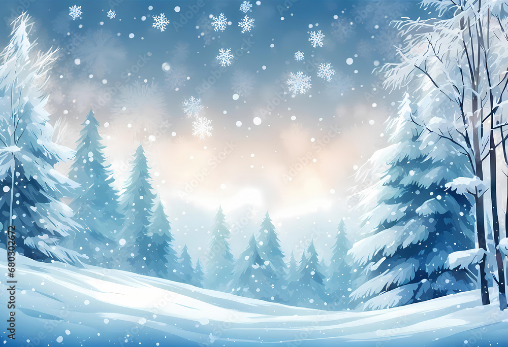 Naklejka premium Illustration Winter background of snowy forest. Fir trees covered with snow on a frosty morning. Beautiful winter. Winter background with snowflakes. Anime style
