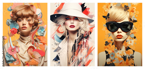 Set of abstract fasion art posters, colorful painting modern woman concept art