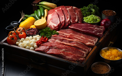 Many kinds of meat in a wooden crate. A wooden box filled with meat and vegetables