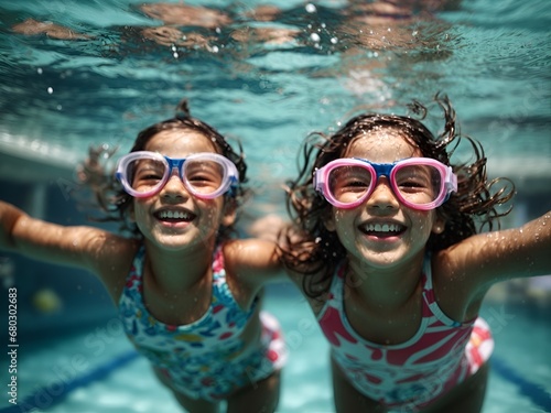 Candid photo of two young children swimming underwater, wearing swim goggles. 