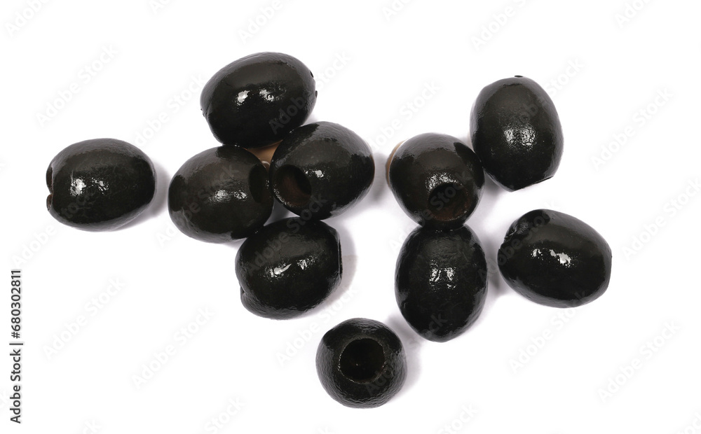 Black olives isolated on white background, top view Black olives isolated on white background, top view