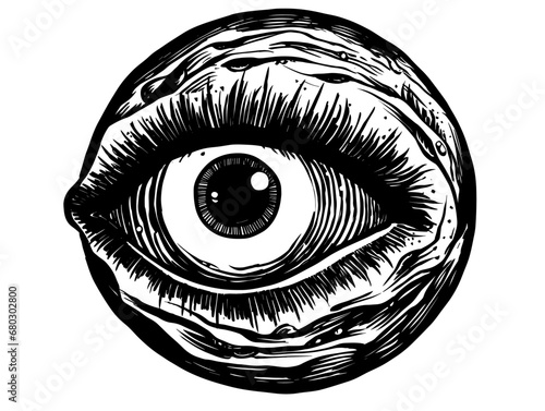 A Black And White Drawing Of An Eye - Pen and ink illustration of an eyeball man.