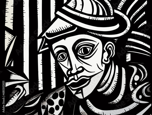 A Black And White Drawing Of A Man - Pinocchio expressionist woodcut.