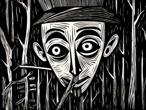 A Woodcut Of A Man With A Cigarette In His Mouth - Pinocchio expressionist woodcut.
