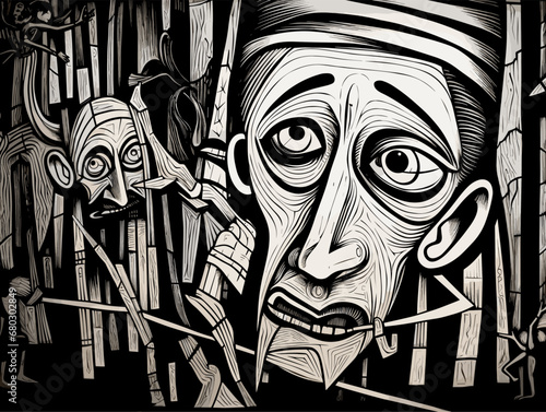 A Black And White Drawing Of A Man_S Face - Pinocchio expressionist woodcut.