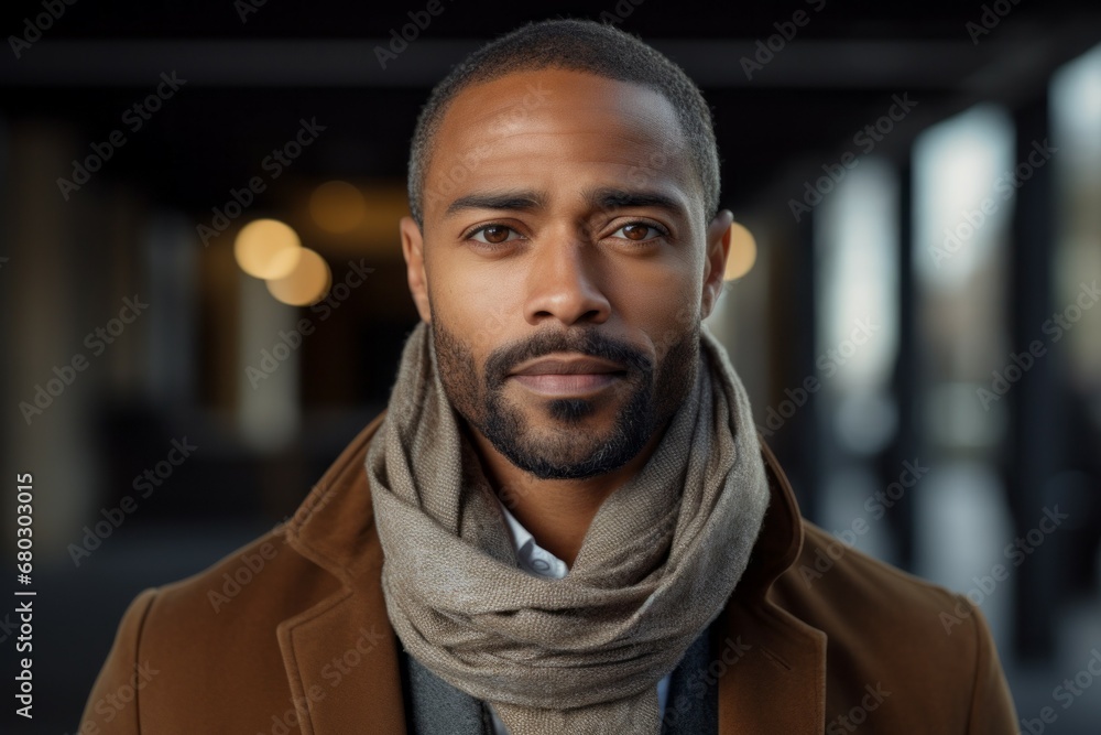 African American man with scarf. Portrait with selective focus and copy space for text African American man with scarf. Portrait with selective focus and copy space for text