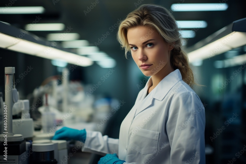 Female microbiologist. Portrait with selective focus and copy space Female microbiologist. Portrait with selective focus and copy space