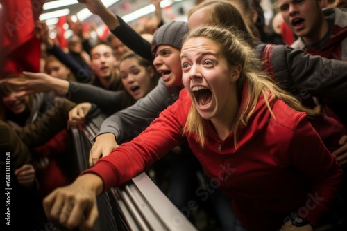 A crowd of people storms a store on Black Friday. Portrait with selective focus and copy space