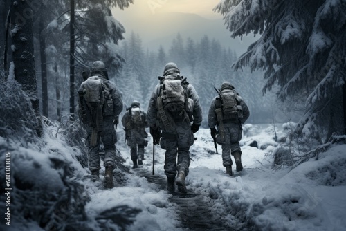 A group of soldiers goes on a mission in winter, viewed from the back. Winter war concept. Background
