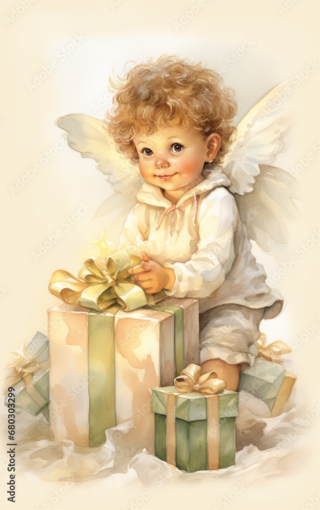 Heavenly young cherub among a of wrapped presents Heavenly young cherub among a of wrapped presents