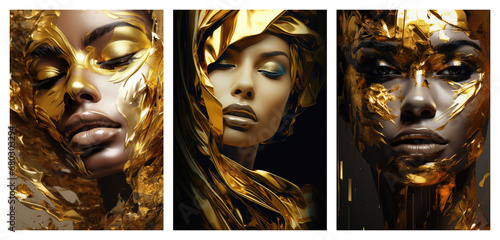 Set of female surreal art posters, abstract black and golden modern woman concept art