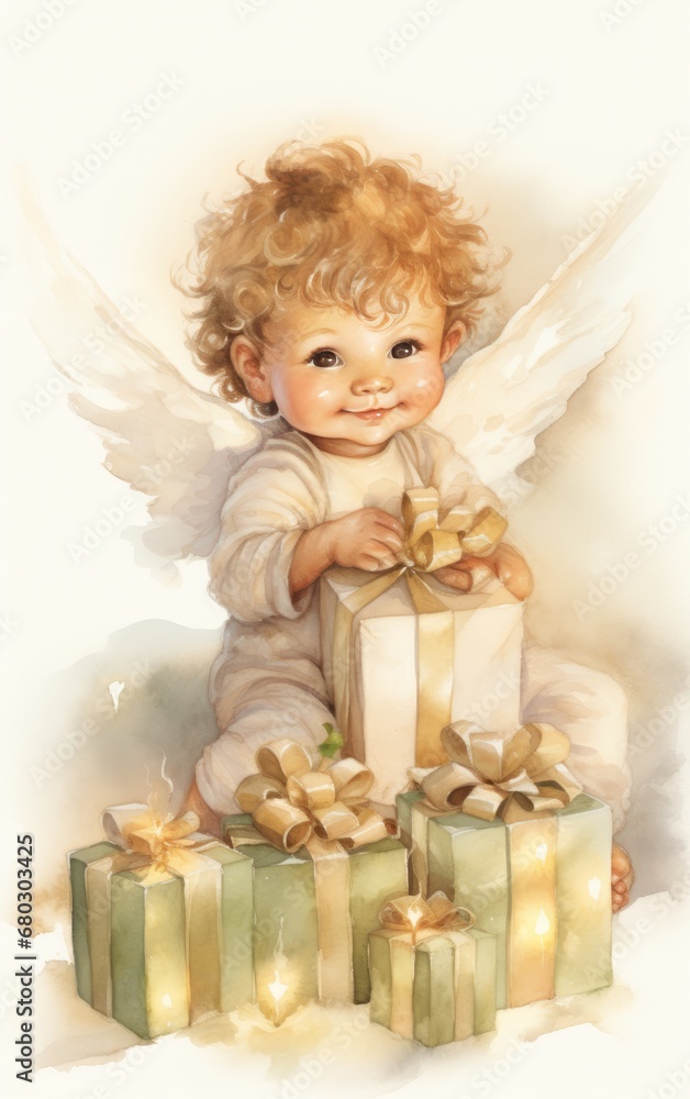 Heavenly young cherub among a of wrapped presents Heavenly young cherub among a of wrapped presents