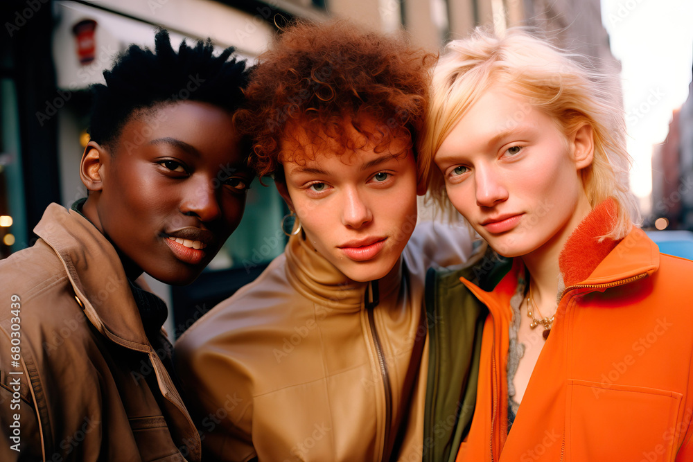 Three women pose for the camera in the street created with generative AI technology Three women pose for the camera in the street created with generative AI technology