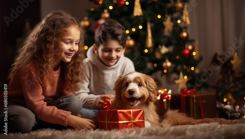 two happy-faced children and a dog open christmas presents at home. they are with their dog. family and christmas concept