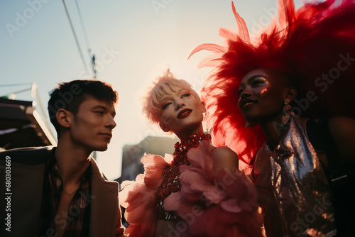 Generative AI image of diverse trendy people at a LGBT festival