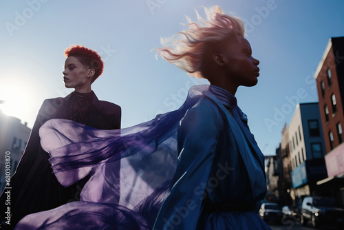 Generative AI of multiethnic fashion models strutting in urban environment at sunset photo