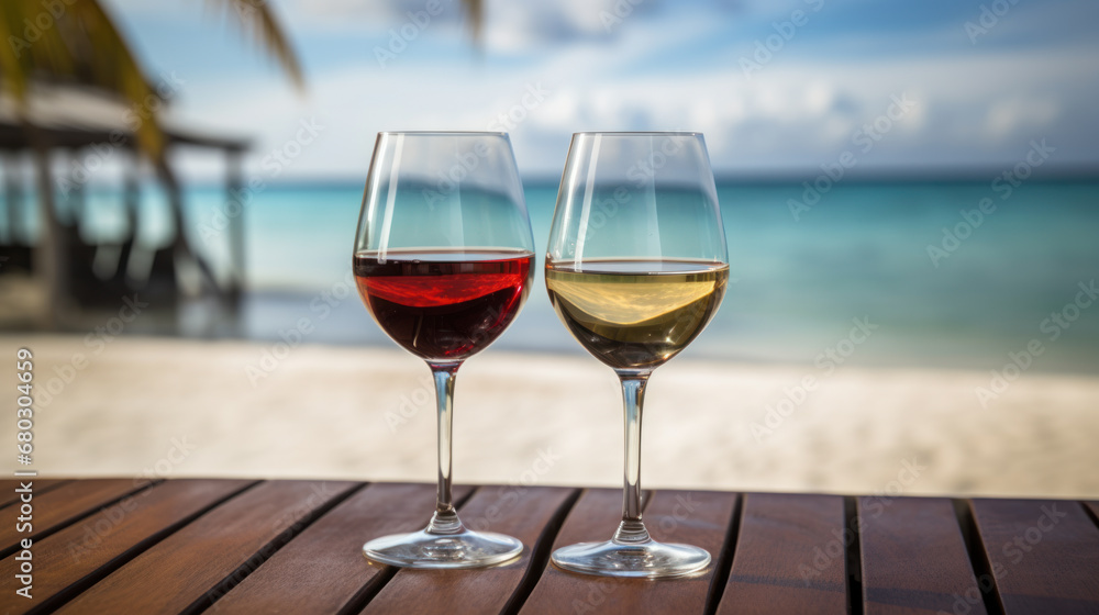 Two glasses of white and red wine, sunset at the sea