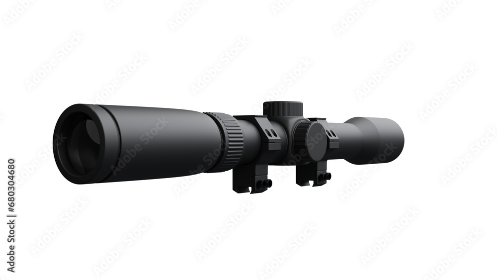 Black rifle scope with bracket isolated on transparent and white background. Optics concept. 3D render