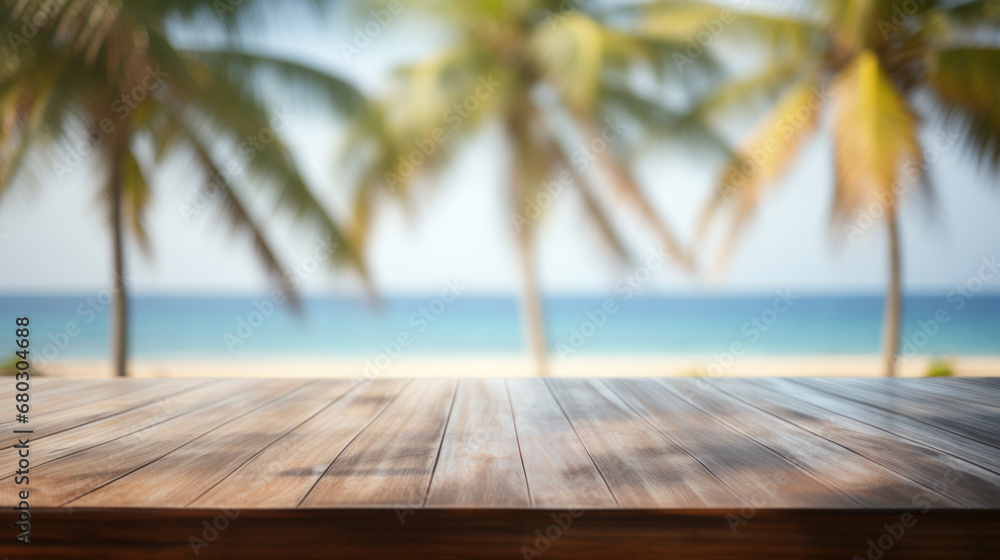Empty table, sea and palm trees in blurred background Empty table, sea and palm trees in blurred background