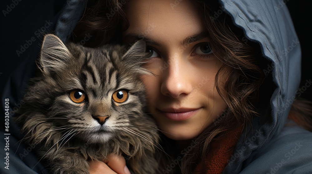 A woman shares a serene moment with her fluffy cat, their close bond and shared warmth evident in this comforting portrait. This image symbolizes the peaceful companionship pets provide.
