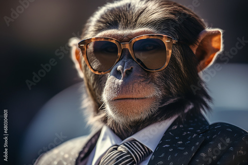 Generative AI image of chic chimpanzee wearing sunglasses and a stylish suit looking at camera while standing against blurred background photo