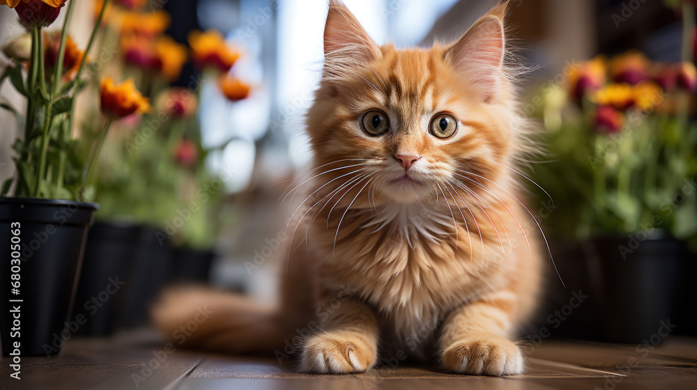 A curious orange kitten explores a flower garden, its wide eyes full of wonder and playfulness, bringing life to the greenery.
