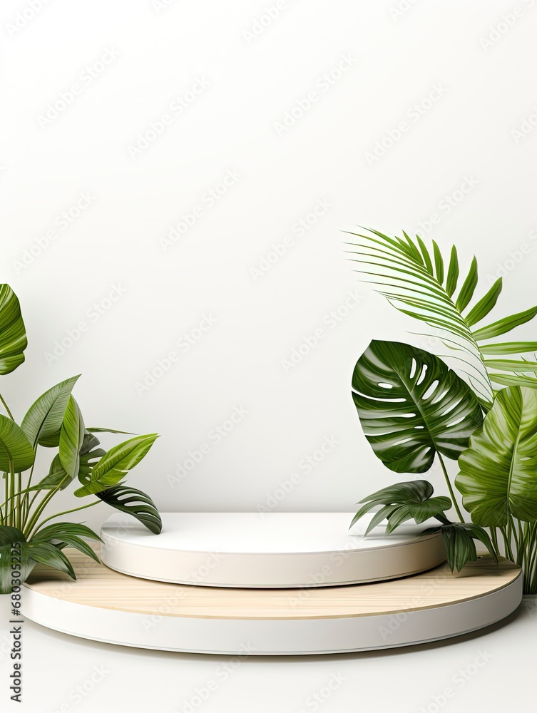 Product display podium with nature leaves on white background, empty podium, copy space, generative ai Product display podium with nature leaves on white background, empty podium, copy space, generative ai
