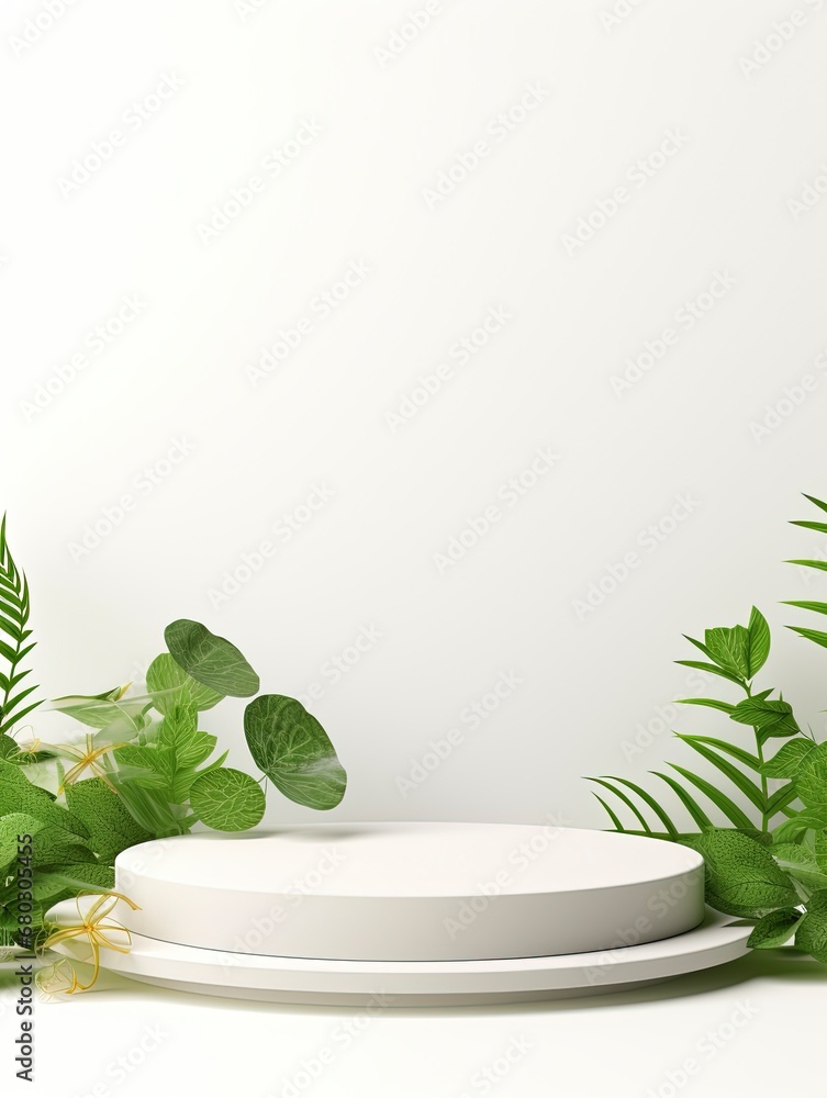 Product display podium with nature leaves on white background, empty podium, copy space, generative ai Product display podium with nature leaves on white background, empty podium, copy space, generative ai