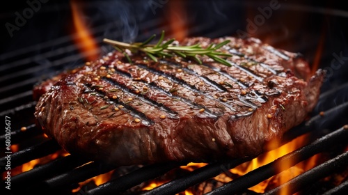 Sizzling steak on a hot grill with grill marks