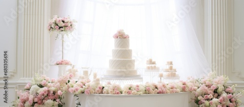 In the background of the elegant wedding, a delicate pattern of flowers adorned the textured white walls, while a fashionably tied ribbon symbolized love and commitment. The radiant light reflected